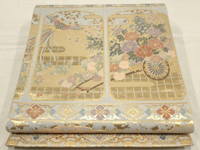 平和屋着物▼六通柄袋帯 御所車花鳥文 金糸 正絹 逸品 AAAZ6600wj