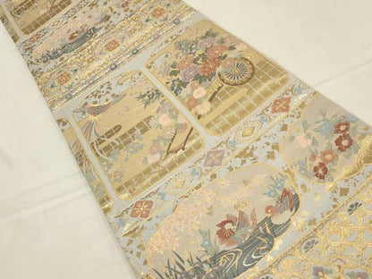 平和屋着物▼六通柄袋帯 御所車花鳥文 金糸 正絹 逸品 AAAZ6600wj