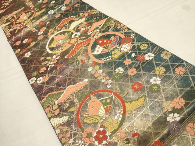 平和屋着物▼六通柄袋帯　唐織　花蝶丸文　金糸　正絹　逸品　AAAZ6694wj