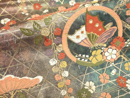 平和屋着物▼六通柄袋帯　唐織　花蝶丸文　金糸　正絹　逸品　AAAZ6694wj