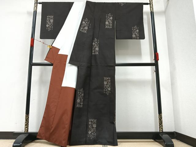 平和屋着物●たけがわ織物　竹千雅　本場大島紬　古代純泥染　カタス８マルキ　泥の舞　更紗　証紙付き　正絹　逸品　AAAZ6858ph
