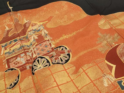 平和屋着物■豪華黒留袖　駒刺繍　山車花文　金彩　正絹　逸品　AAAZ6978st