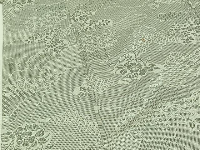 平和屋着物▽お召 単衣 雲取り吉祥花文 正絹 逸品 AAAZ7138jh
