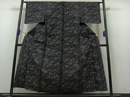平和屋着物▽上質な紬 単衣 型染め 鶴 勝虫 正絹 逸品 AAAZ7144jh