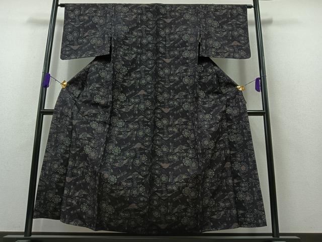 平和屋着物▽上質な紬 単衣 型染め 鶴 勝虫 正絹 逸品 AAAZ7144jh