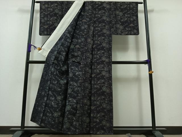 平和屋着物▽上質な紬 単衣 型染め 鶴 勝虫 正絹 逸品 AAAZ7144jh