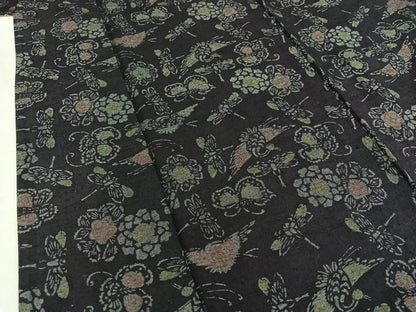 平和屋着物▽上質な紬 単衣 型染め 鶴 勝虫 正絹 逸品 AAAZ7144jh