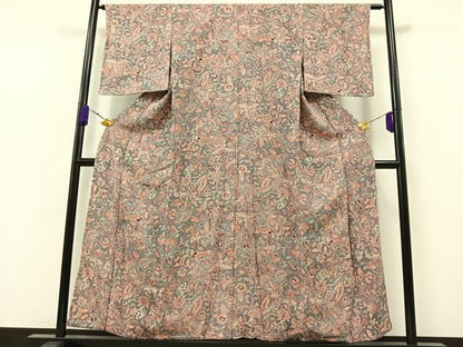 平和屋着物▽上質な小紋 単衣 更紗鳳凰花文 鬼しぼ縮緬 正絹 逸品 AAAZ7146jh