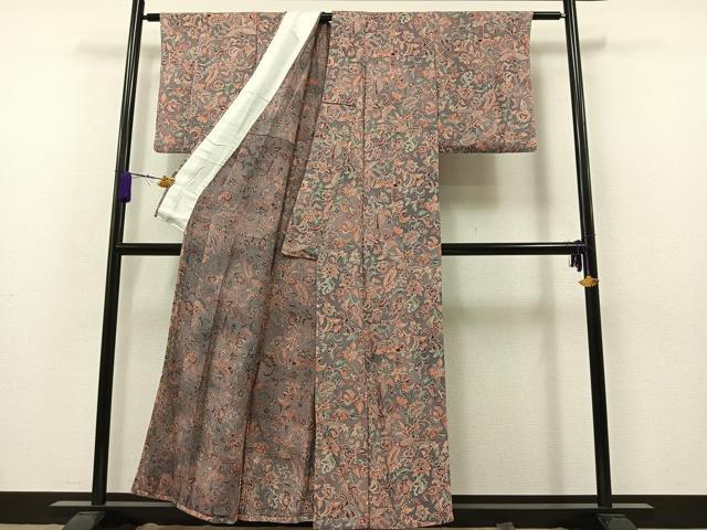 平和屋着物▽上質な小紋 単衣 更紗鳳凰花文 鬼しぼ縮緬 正絹 逸品 AAAZ7146jh