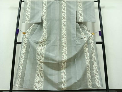 平和屋着物▽上質な紬 単衣 花唐草間道 正絹 逸品 AAAZ7151jh