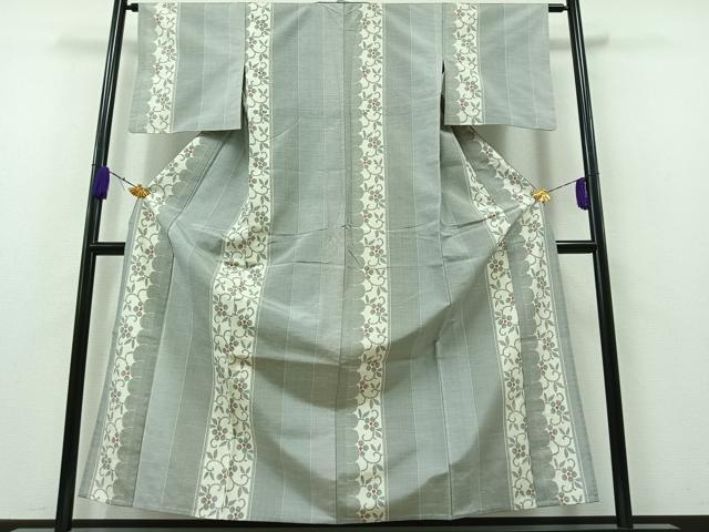 平和屋着物▽上質な紬 単衣 花唐草間道 正絹 逸品 AAAZ7151jh