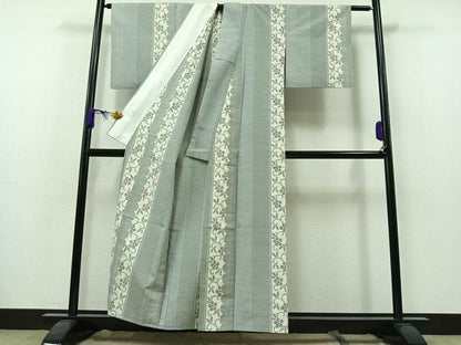 平和屋着物▽上質な紬 単衣 花唐草間道 正絹 逸品 AAAZ7151jh