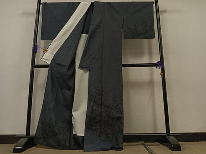 平和屋着物▽訪問着　単衣　紬地　草花文　正絹　逸品　AAAZ7155jh