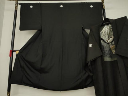 平和屋着物●男性　黒紋付　長羽織セット　正絹　逸品　AAAZ7164ck
