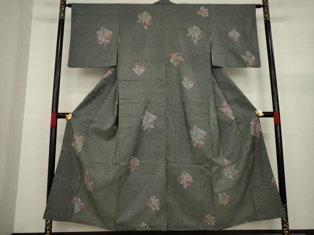 平和屋着物●上質な小紋　紬地　南天文　金彩　正絹　逸品　AAAZ7221ck