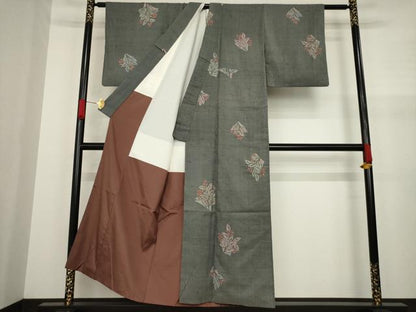 平和屋着物●上質な小紋　紬地　南天文　金彩　正絹　逸品　AAAZ7221ck