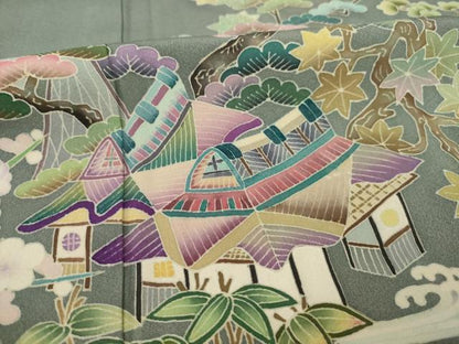 平和屋着物●訪問着　友禅　流水風景文　正絹　逸品　AAAZ7228ck