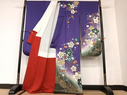 平和屋着物●豪華振袖・長襦袢(袷)セット　立波舞花文　暈し染め　金彩　広衿仕立て　正絹　逸品　AAAZ7285zg