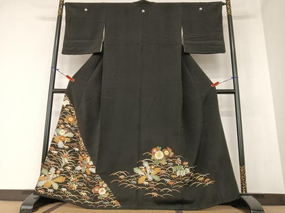 平和屋着物●豪華黒留袖 友禅 駒刺繍 草花文 金彩 正絹 逸品 AAAZ7318zg