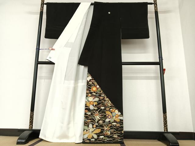 平和屋着物●豪華黒留袖 友禅 駒刺繍 草花文 金彩 正絹 逸品 AAAZ7318zg