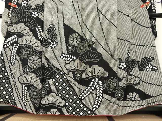 平和屋着物●豪華振袖　絞り　花松文　黒地　正絹　逸品　AAAZ7377zg