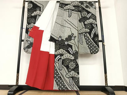 平和屋着物●豪華振袖　絞り　花松文　黒地　正絹　逸品　AAAZ7377zg