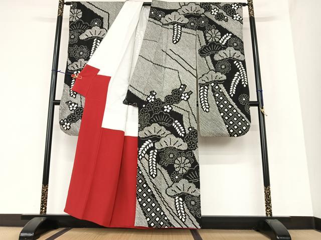平和屋着物●豪華振袖　絞り　花松文　黒地　正絹　逸品　AAAZ7377zg