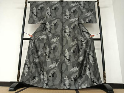 平和屋着物●お召 短冊草花シルエット 黒地 正絹 逸品 AAAZ7390zg