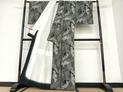 平和屋着物●お召 短冊草花シルエット 黒地 正絹 逸品 AAAZ7390zg