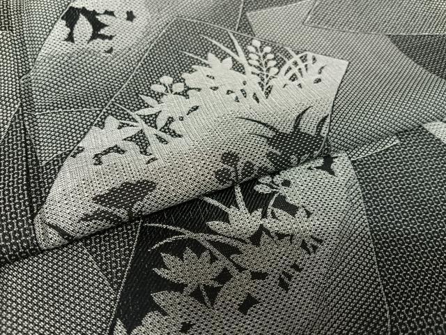 平和屋着物●お召 短冊草花シルエット 黒地 正絹 逸品 AAAZ7390zg