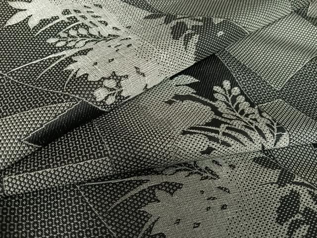 平和屋着物●お召 短冊草花シルエット 黒地 正絹 逸品 AAAZ7390zg