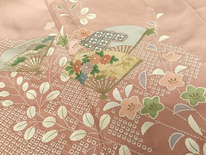 平和屋着物●訪問着 舞扇花文 暈し染め 金彩 正絹 逸品 AAAZ7392zg