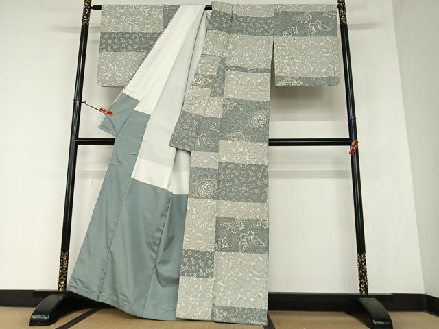 平和屋着物●上質な紬 型染め 横段花蝶文 正絹 逸品 AAAZ7402zg