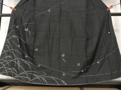 平和屋着物●上質な紬　訪問着　作家物　刺繍　刺し子　稲穂にふくら雀　黒地　正絹　逸品　AAAZ7569zg