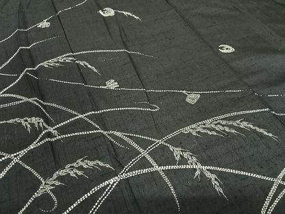 平和屋着物●上質な紬　訪問着　作家物　刺繍　刺し子　稲穂にふくら雀　黒地　正絹　逸品　AAAZ7569zg