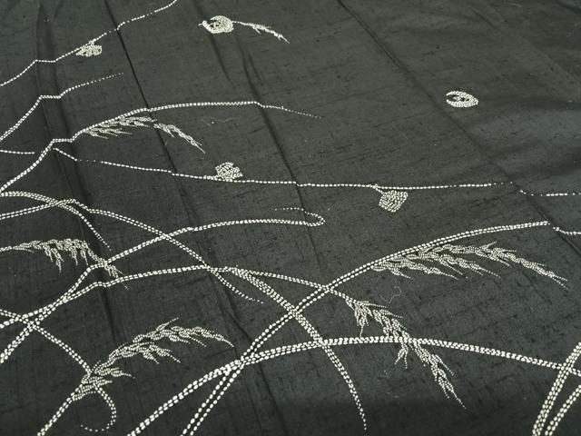 平和屋着物●上質な紬　訪問着　作家物　刺繍　刺し子　稲穂にふくら雀　黒地　正絹　逸品　AAAZ7569zg