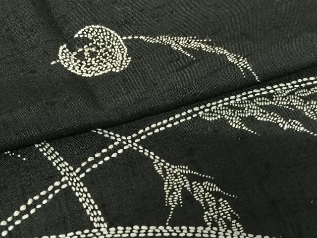 平和屋着物●上質な紬　訪問着　作家物　刺繍　刺し子　稲穂にふくら雀　黒地　正絹　逸品　AAAZ7569zg