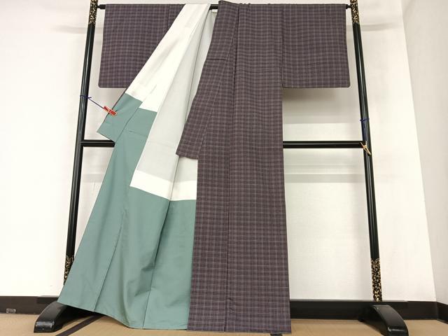 平和屋着物●上質な紬　格子　正絹　逸品　AAAZ7597zg