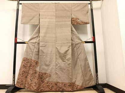 平和屋着物●訪問着 紬地 型染め 風景草花文 金彩 三越扱い 正絹 逸品 AAAZ7666ph