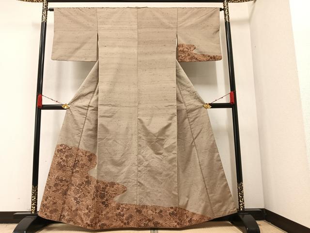 平和屋着物●訪問着 紬地 型染め 風景草花文 金彩 三越扱い 正絹 逸品 AAAZ7666ph