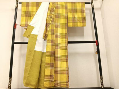 平和屋着物●上質な紬　綾織　格子　正絹　逸品　未使用　AAAZ7674ph