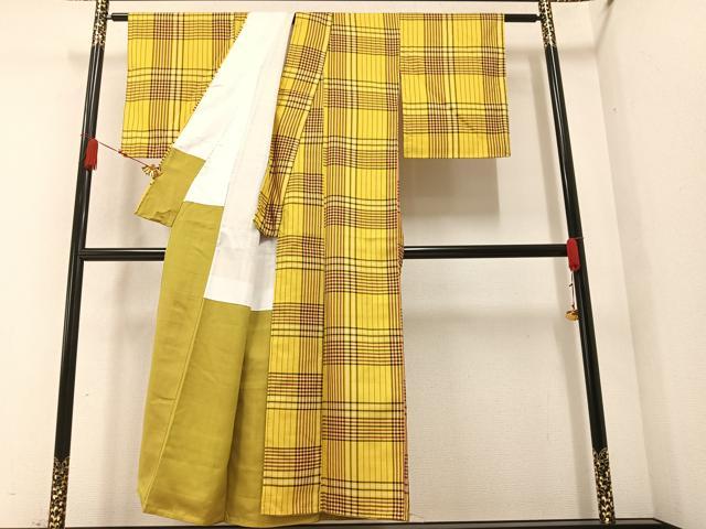 平和屋着物●上質な紬　綾織　格子　正絹　逸品　未使用　AAAZ7674ph