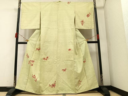 平和屋着物●訪問着　紬地　型染め　花鳥文　金彩　正絹　逸品　未使用　AAAZ7678ph