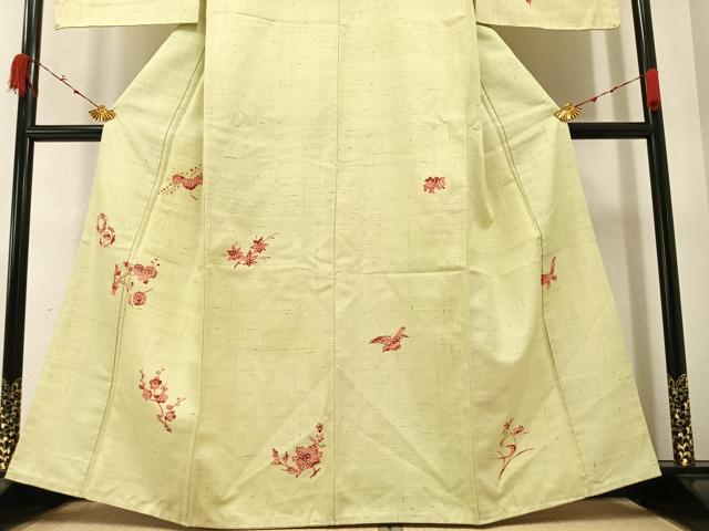 平和屋着物●訪問着　紬地　型染め　花鳥文　金彩　正絹　逸品　未使用　AAAZ7678ph