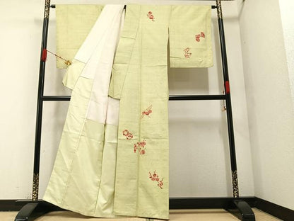 平和屋着物●訪問着　紬地　型染め　花鳥文　金彩　正絹　逸品　未使用　AAAZ7678ph