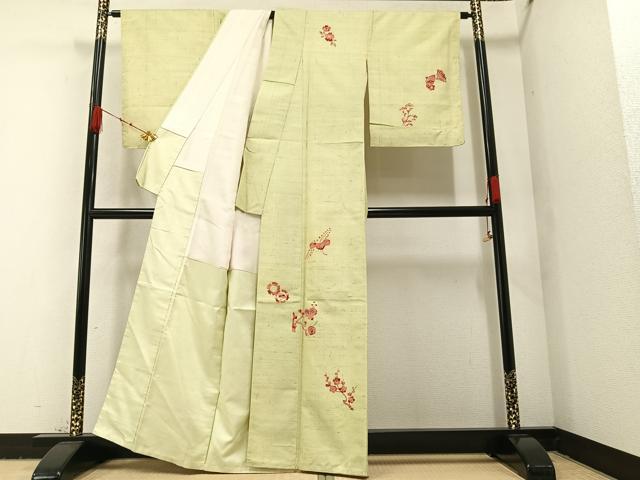 平和屋着物●訪問着　紬地　型染め　花鳥文　金彩　正絹　逸品　未使用　AAAZ7678ph