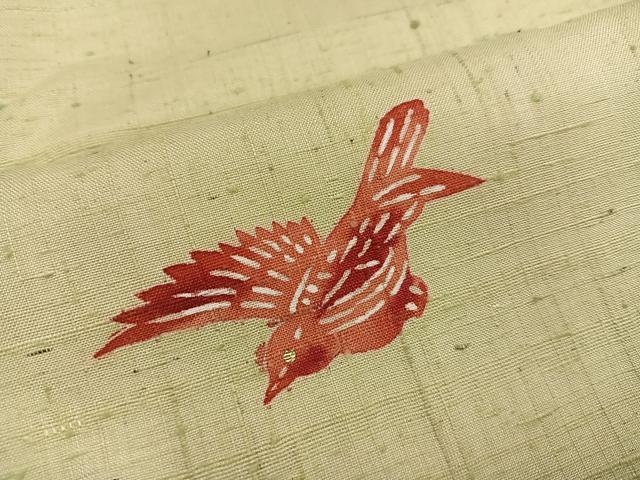 平和屋着物●訪問着　紬地　型染め　花鳥文　金彩　正絹　逸品　未使用　AAAZ7678ph