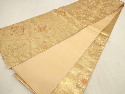 平和屋着物▼六通柄袋帯　花鳥菱文　金糸　正絹　逸品　AAAZ7684wj