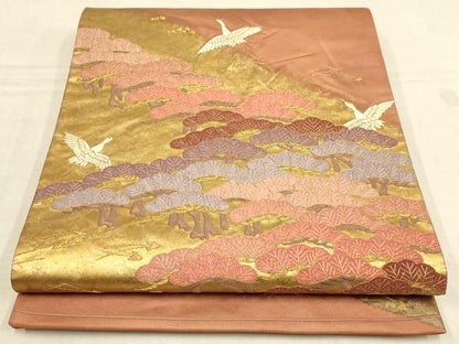平和屋着物▼太鼓柄袋帯　刺繍　飛鶴松文　金糸　正絹　逸品　AAAZ7717wj