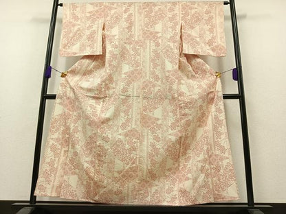 平和屋着物▽本塩沢　単衣　扇面花文　正絹　逸品　AAAZ7806jh